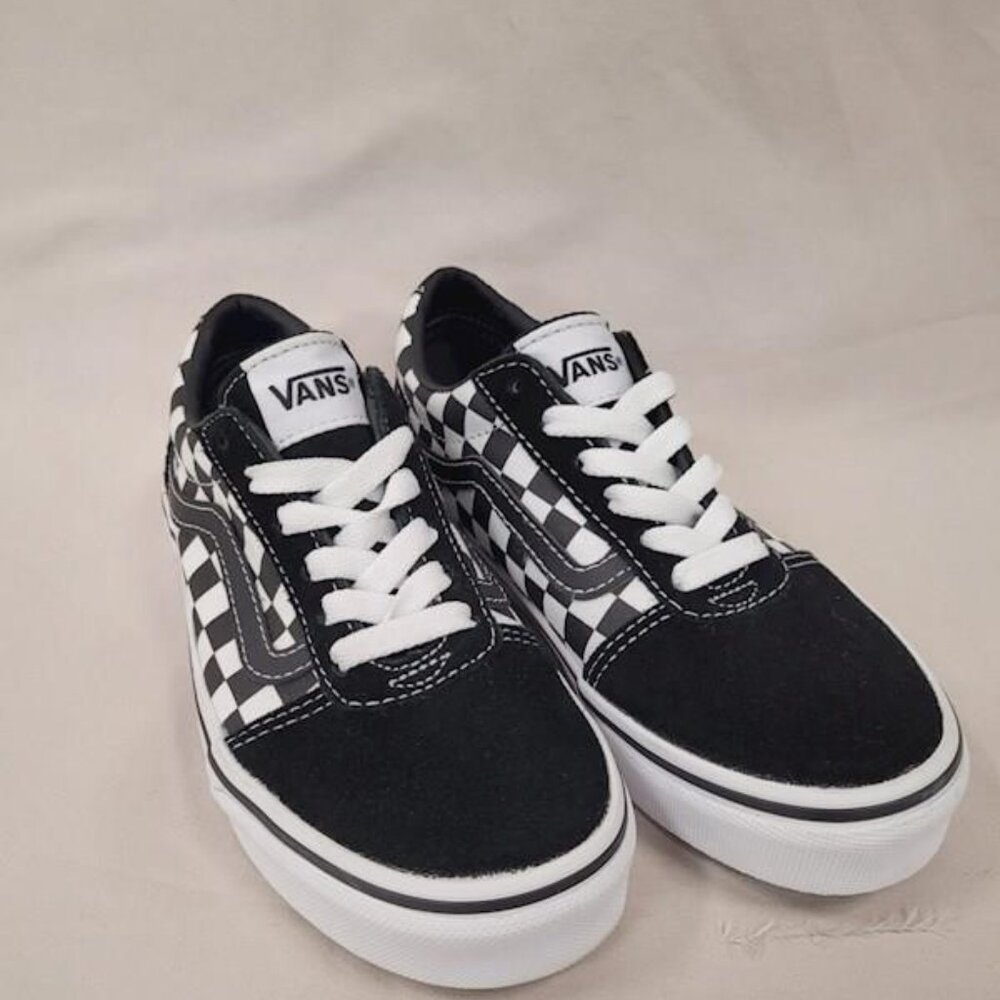 Vans Children's Flat-Bottom Skate Shoes (Black/White-Checkered) Size 2